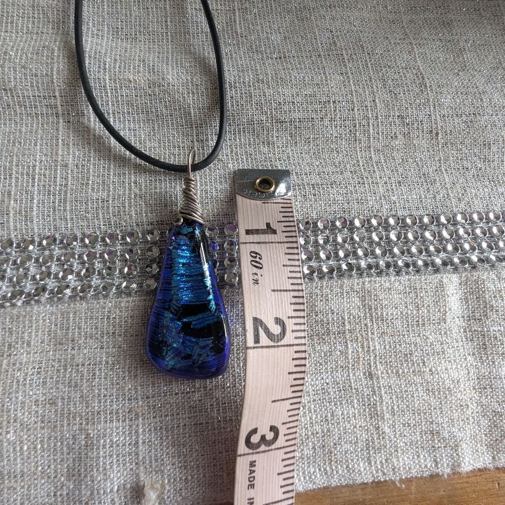Handmade Deep Amethyst Blue Iridescent Glass Teardrop Pendant Necklace Black Cor - Picture 4 of 8